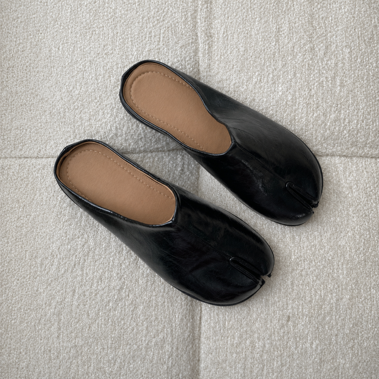Black Split-Toe Mule Shoes with Glossy Finish