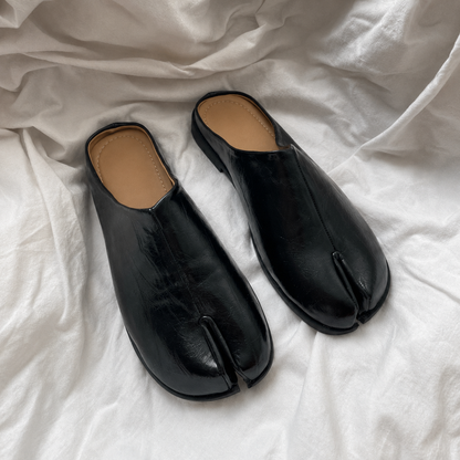 Black Split-Toe Mule Shoes with Glossy Finish
