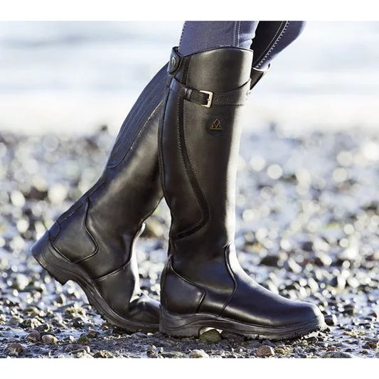 AquaGuard Women's Knee-High Waterproof Boots with Buckle Strap and Grip Sole