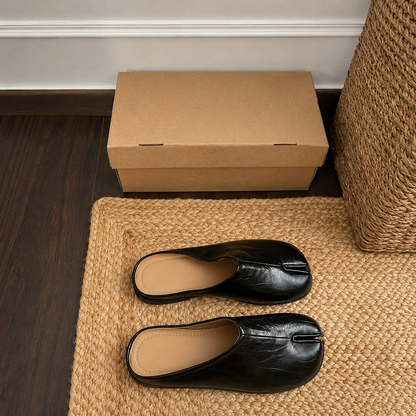 Black Split-Toe Mule Shoes with Glossy Finish