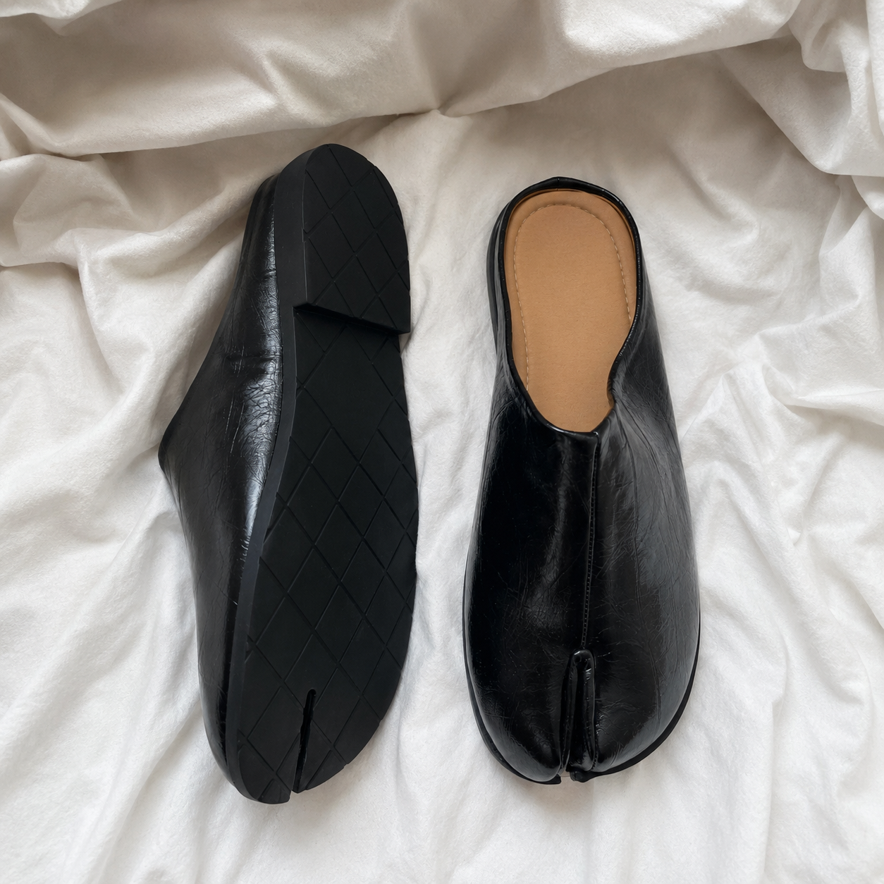 Black Split-Toe Mule Shoes with Glossy Finish