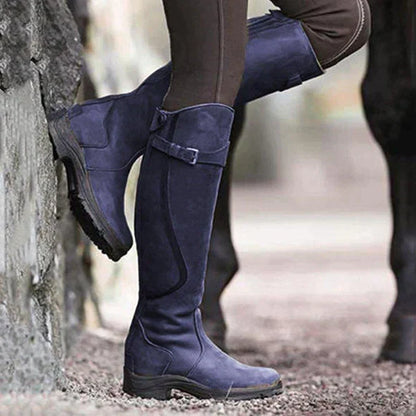 AquaGuard Women's Knee-High Waterproof Boots with Buckle Strap and Grip Sole