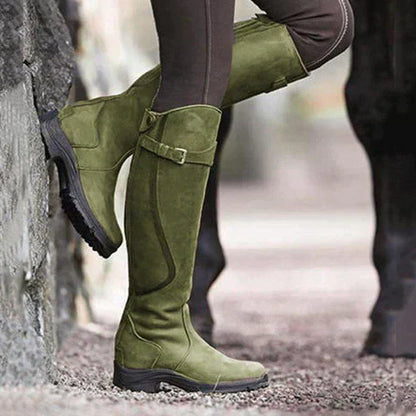 AquaGuard Women's Knee-High Waterproof Boots with Buckle Strap and Grip Sole
